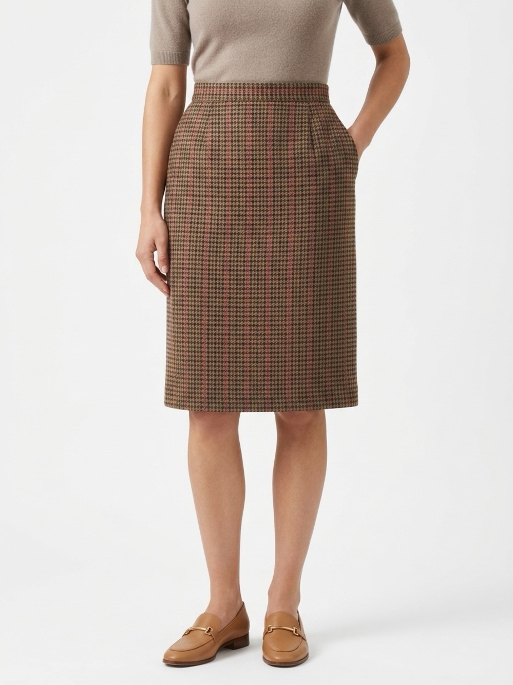 Evan-Picone Midi Skirt Vintage Wool Houndstooth Brown 8P Modern 12P Vintage